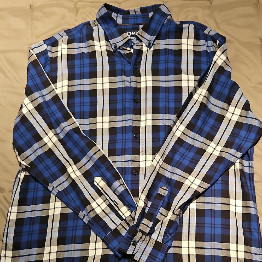 Chaps Easy Care Twill Mens Button Shrit Blue Plaid Size XL